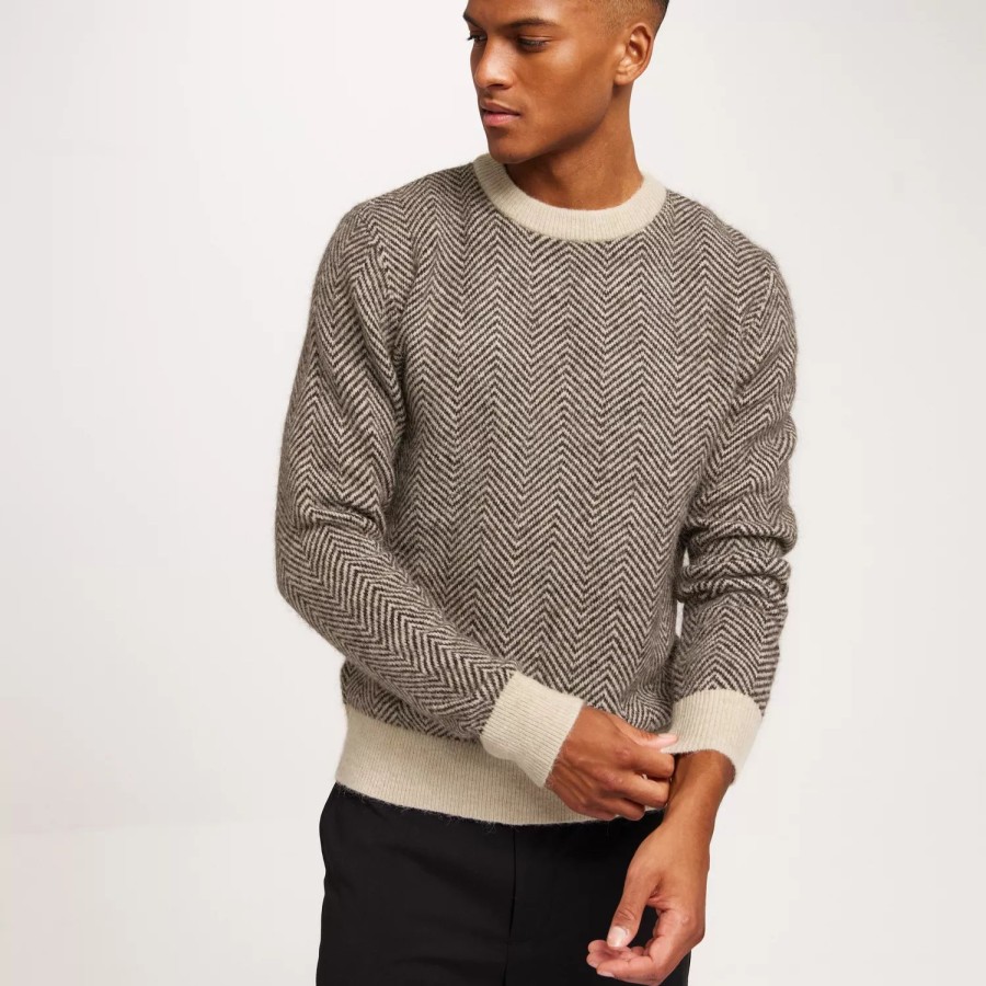 Toj Selected Homme | Slhrai Ls Knit Crew Neck Chocolate Torte Herringbone Fog