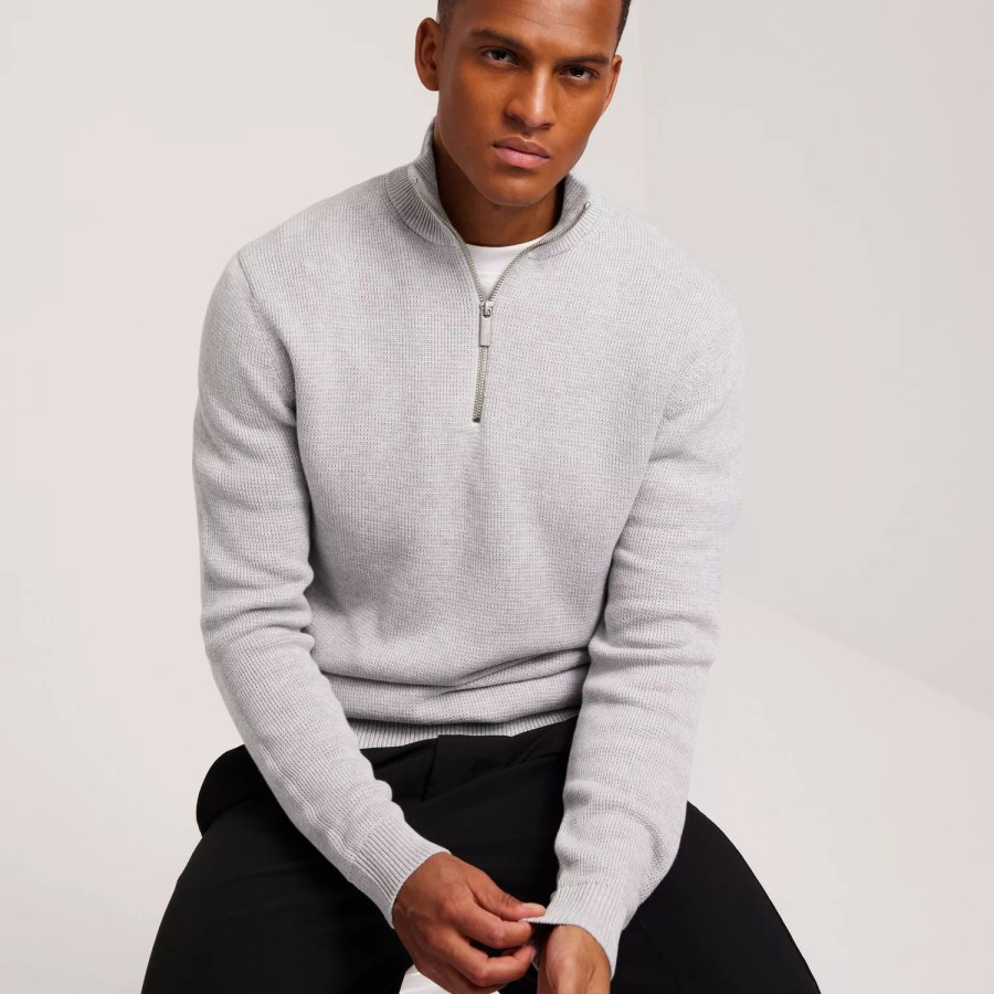 Toj Selected Homme | Slhdane Ls Knit Structure Half Zip Light Grey Melange