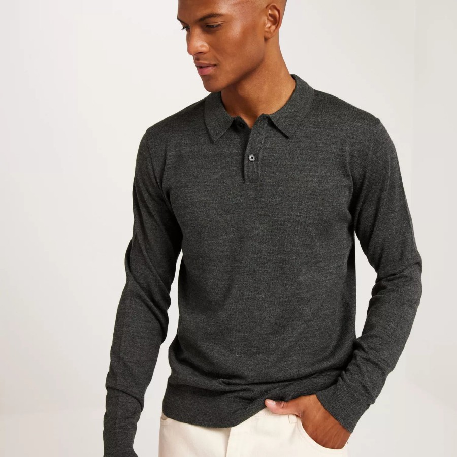 Toj Selected Homme | Slhtown Merino Coolmax Knit Polo No Medium Grey Melange