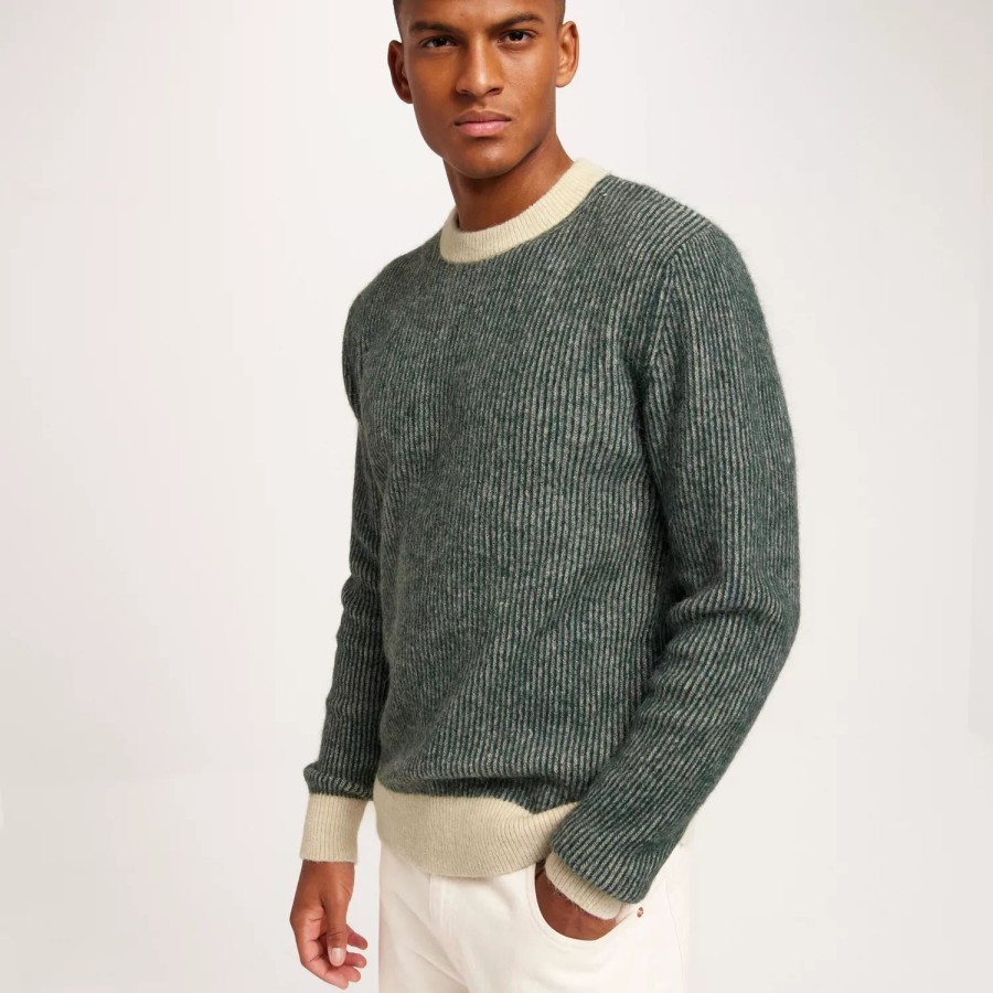 Toj Selected Homme | Slhrai Ls Knit Crew Neck Green Gables Mini Stripe Fog